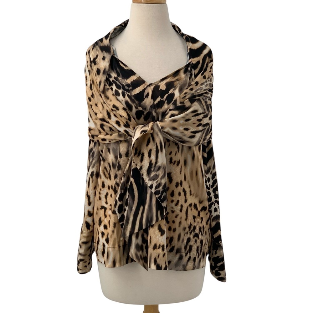 BLACK LABEL BY CHICOS Long Sleeve V-Neck Leopard Print Wrap Scarf‎ Blouse Size L - Picture 2 of 9